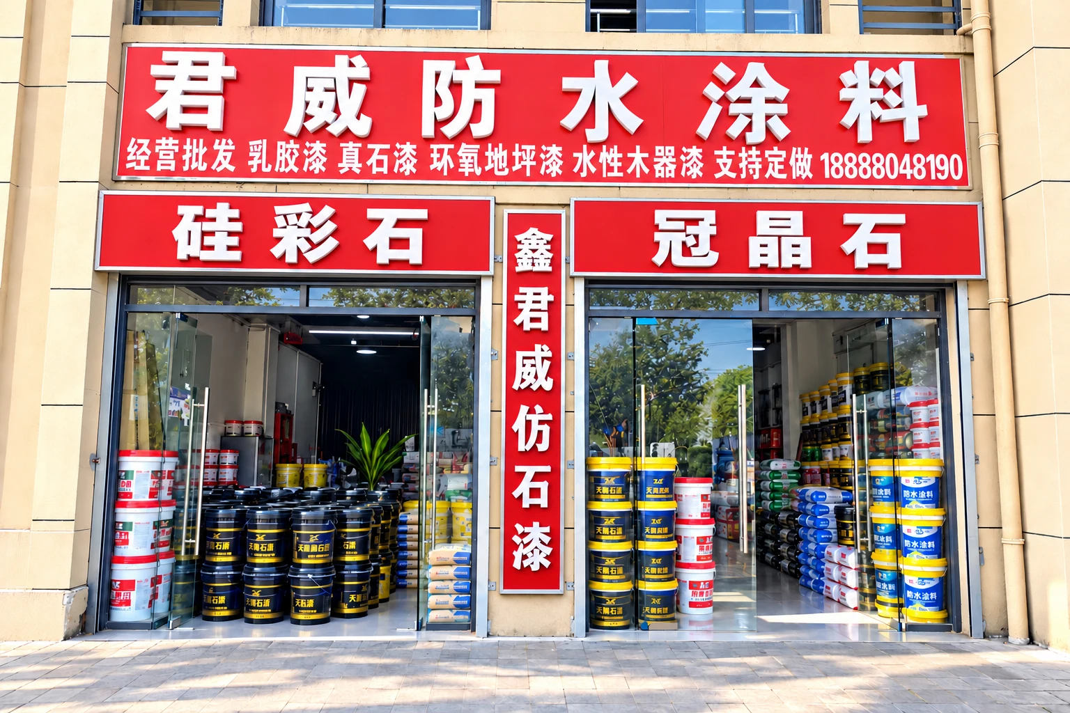 君威防水涂料门店宣传展示,门头与整齐摆放的建筑涂料和辅材